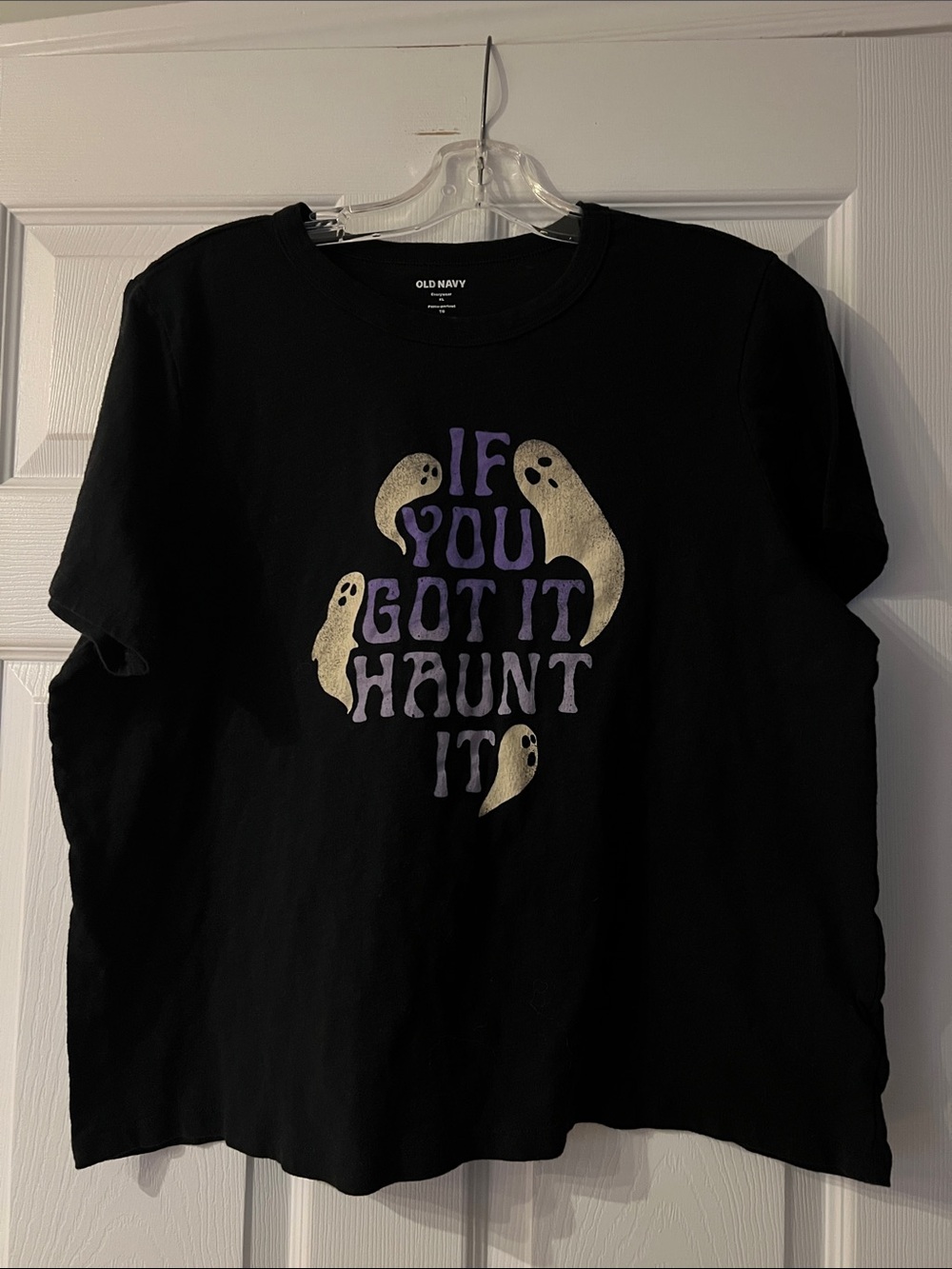 Old Navy Black Tee with Purple Graphic and Cream Ghosts